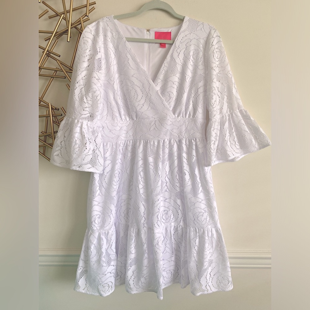 NWOT Lilly Pulitzer White Lace Empire Waist Dress with Bell Sleeves - Size 16